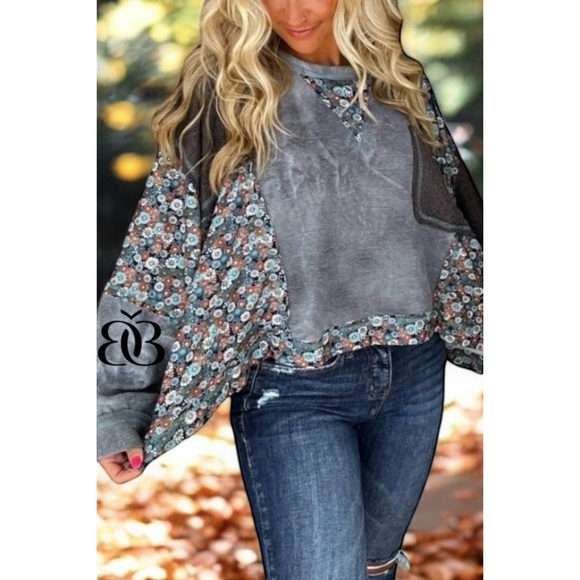 POL Charcoal Floral Mixed Fabric Thermal Top - Picture 3 of 11